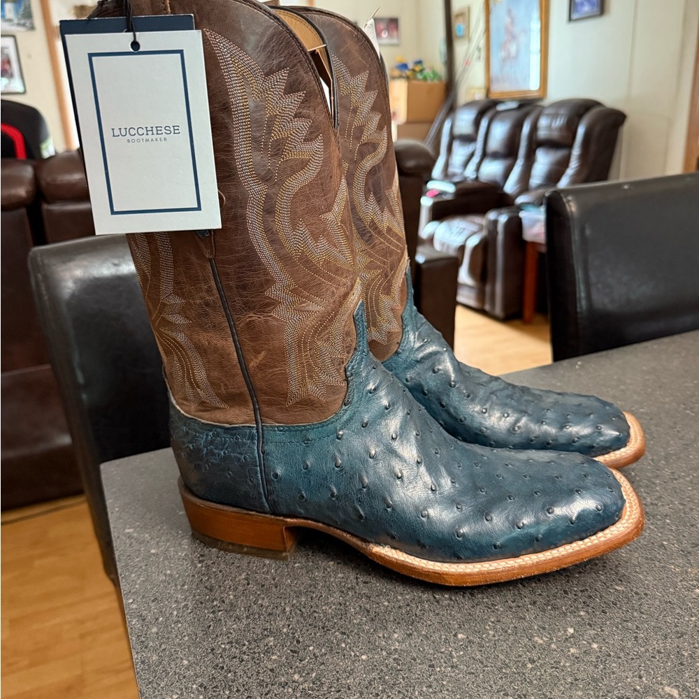 Lucchese Cliff Navy Chocolate Full Quill Ostrich and Mad Dog Goat Leather Boots